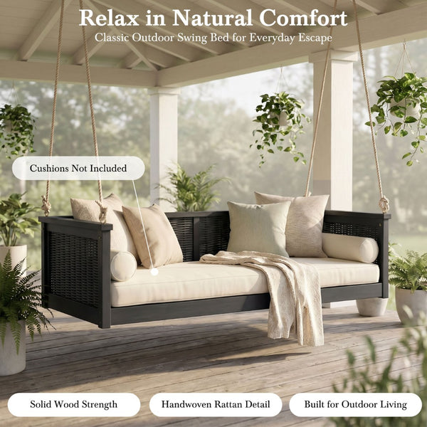 English Elm Topmax Outdoor Acacia Wood Twin Swing Bed with Handwoven Rattan Panels for Porch or Patio N717P417844B