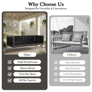 English Elm Topmax Outdoor Acacia Wood Twin Swing Bed with Handwoven Rattan Panels for Porch or Patio N717P417844B