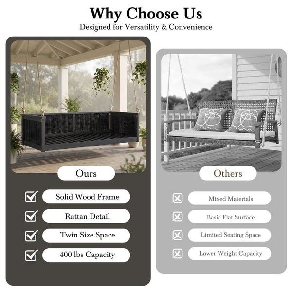 English Elm Topmax Outdoor Acacia Wood Twin Swing Bed with Handwoven Rattan Panels for Porch or Patio N717P417844B