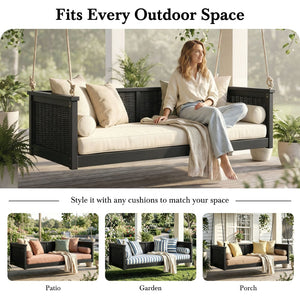 English Elm Topmax Outdoor Acacia Wood Twin Swing Bed with Handwoven Rattan Panels for Porch or Patio N717P417844B