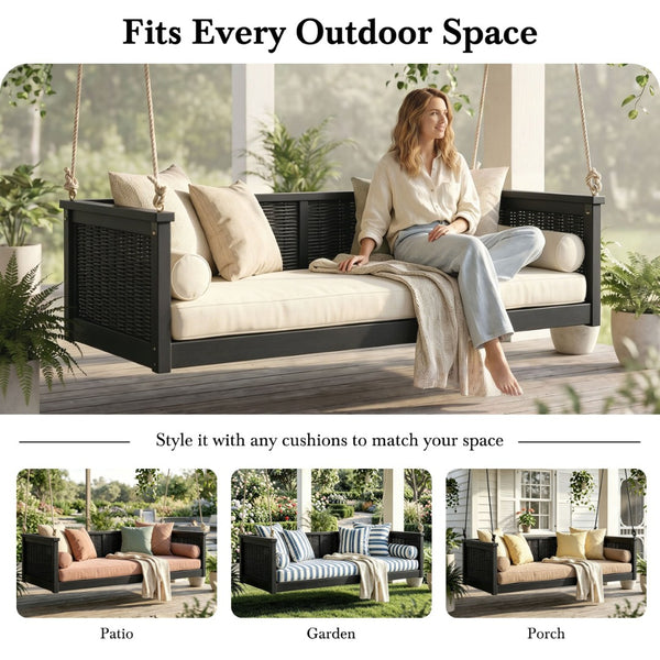 English Elm Topmax Outdoor Acacia Wood Twin Swing Bed with Handwoven Rattan Panels for Porch or Patio N717P417844B