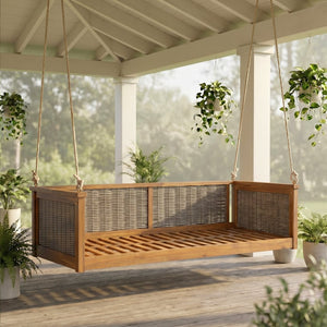 English Elm Topmax Outdoor Acacia Wood Twin Swing Bed with Handwoven Rattan Panels for Porch or Patio Teak N717P417844D