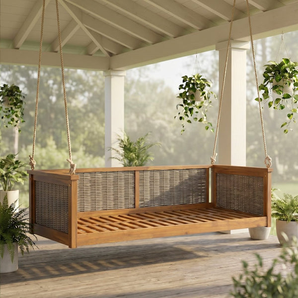 English Elm Topmax Outdoor Acacia Wood Twin Swing Bed with Handwoven Rattan Panels for Porch or Patio Teak N717P417844D