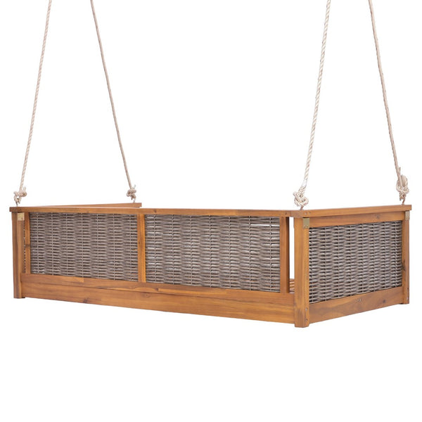 English Elm Topmax Outdoor Acacia Wood Twin Swing Bed with Handwoven Rattan Panels for Porch or Patio Teak N717P417844D