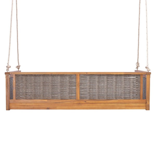 English Elm Topmax Outdoor Acacia Wood Twin Swing Bed with Handwoven Rattan Panels for Porch or Patio Teak N717P417844D