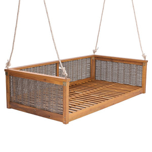 English Elm Topmax Outdoor Acacia Wood Twin Swing Bed with Handwoven Rattan Panels for Porch or Patio Teak N717P417844D