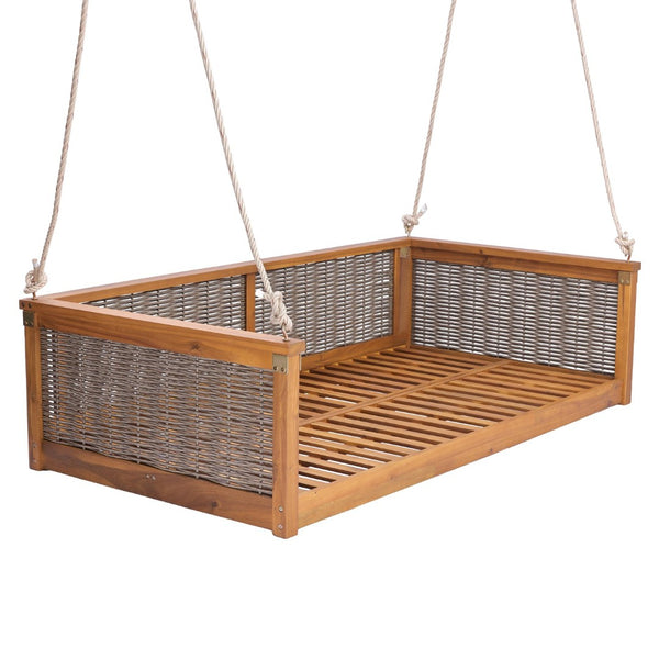 English Elm Topmax Outdoor Acacia Wood Twin Swing Bed with Handwoven Rattan Panels for Porch or Patio Teak N717P417844D