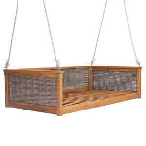English Elm Topmax Outdoor Acacia Wood Twin Swing Bed with Handwoven Rattan Panels for Porch or Patio Teak N717P417844D