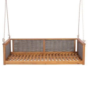 English Elm Topmax Outdoor Acacia Wood Twin Swing Bed with Handwoven Rattan Panels for Porch or Patio Teak N717P417844D