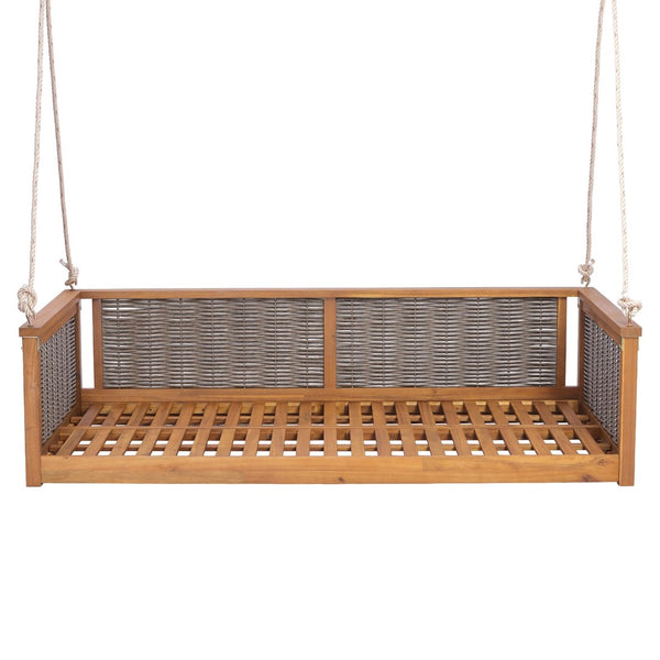 English Elm Topmax Outdoor Acacia Wood Twin Swing Bed with Handwoven Rattan Panels for Porch or Patio Teak N717P417844D