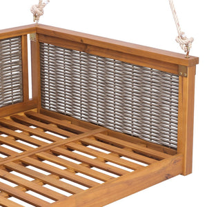 English Elm Topmax Outdoor Acacia Wood Twin Swing Bed with Handwoven Rattan Panels for Porch or Patio Teak N717P417844D
