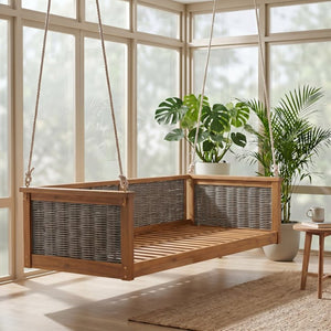 English Elm Topmax Outdoor Acacia Wood Twin Swing Bed with Handwoven Rattan Panels for Porch or Patio Teak N717P417844D