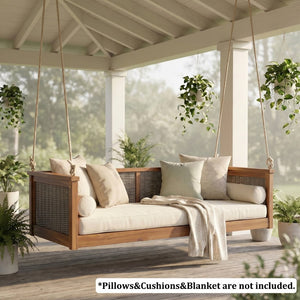 English Elm Topmax Outdoor Acacia Wood Twin Swing Bed with Handwoven Rattan Panels for Porch or Patio Teak N717P417844D
