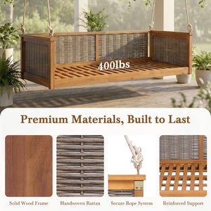 English Elm Topmax Outdoor Acacia Wood Twin Swing Bed with Handwoven Rattan Panels for Porch or Patio Teak N717P417844D
