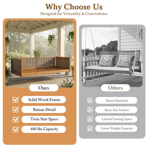 English Elm Topmax Outdoor Acacia Wood Twin Swing Bed with Handwoven Rattan Panels for Porch or Patio Teak N717P417844D