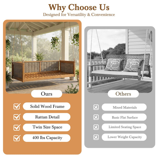 English Elm Topmax Outdoor Acacia Wood Twin Swing Bed with Handwoven Rattan Panels for Porch or Patio Teak N717P417844D
