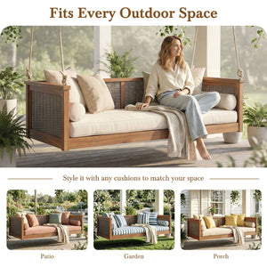 English Elm Topmax Outdoor Acacia Wood Twin Swing Bed with Handwoven Rattan Panels for Porch or Patio Teak N717P417844D