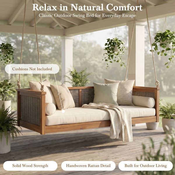 English Elm Topmax Outdoor Acacia Wood Twin Swing Bed with Handwoven Rattan Panels for Porch or Patio Teak N717P417844D