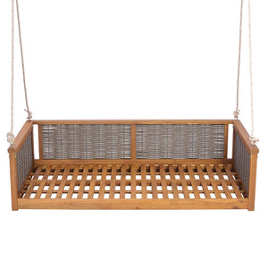 English Elm Topmax Outdoor Acacia Wood Twin Swing Bed with Handwoven Rattan Panels for Porch or Patio Teak N717P417844D