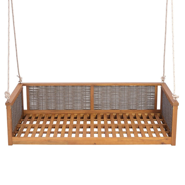 English Elm Topmax Outdoor Acacia Wood Twin Swing Bed with Handwoven Rattan Panels for Porch or Patio Teak N717P417844D