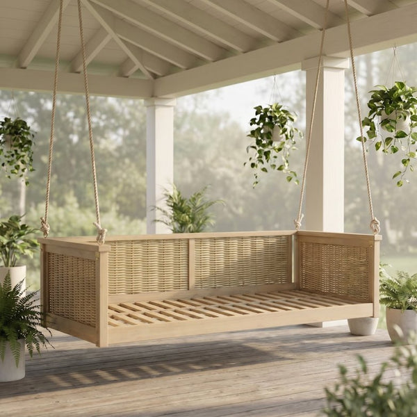 English Elm Topmax Outdoor Acacia Wood Twin Swing Bed with Handwoven Rattan Panels for Porch or Patio Light Teak N717P417844N