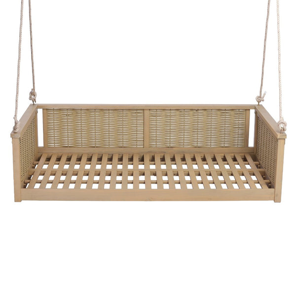 English Elm Topmax Outdoor Acacia Wood Twin Swing Bed with Handwoven Rattan Panels for Porch or Patio Light Teak N717P417844N