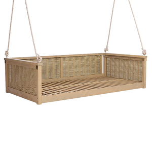 English Elm Topmax Outdoor Acacia Wood Twin Swing Bed with Handwoven Rattan Panels for Porch or Patio Light Teak N717P417844N