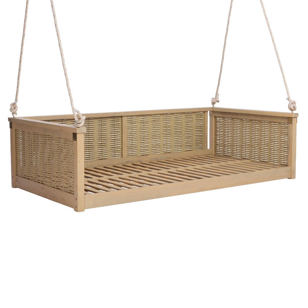 English Elm Topmax Outdoor Acacia Wood Twin Swing Bed with Handwoven Rattan Panels for Porch or Patio Light Teak N717P417844N