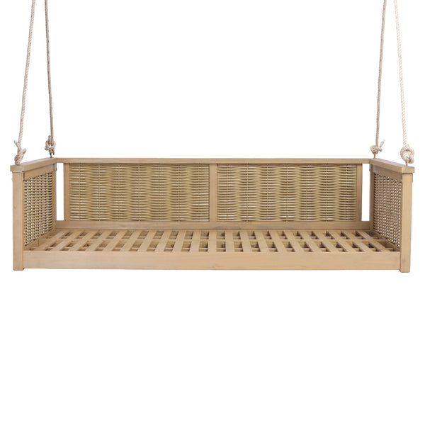 English Elm Topmax Outdoor Acacia Wood Twin Swing Bed with Handwoven Rattan Panels for Porch or Patio Light Teak N717P417844N