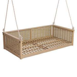 English Elm Topmax Outdoor Acacia Wood Twin Swing Bed with Handwoven Rattan Panels for Porch or Patio Light Teak N717P417844N