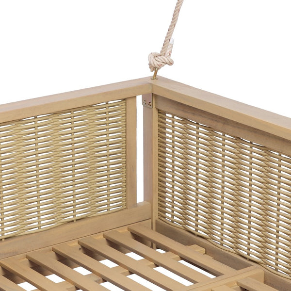 English Elm Topmax Outdoor Acacia Wood Twin Swing Bed with Handwoven Rattan Panels for Porch or Patio Light Teak N717P417844N