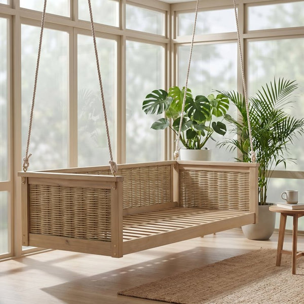English Elm Topmax Outdoor Acacia Wood Twin Swing Bed with Handwoven Rattan Panels for Porch or Patio Light Teak N717P417844N