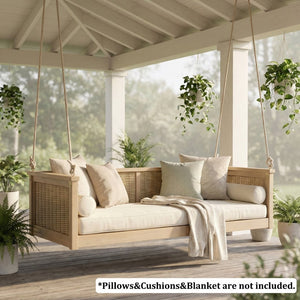 English Elm Topmax Outdoor Acacia Wood Twin Swing Bed with Handwoven Rattan Panels for Porch or Patio Light Teak N717P417844N