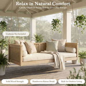 English Elm Topmax Outdoor Acacia Wood Twin Swing Bed with Handwoven Rattan Panels for Porch or Patio Light Teak N717P417844N