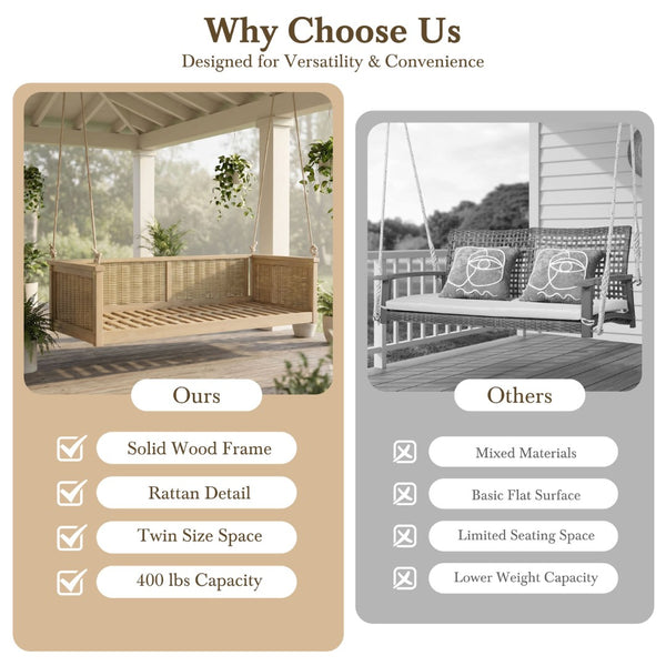 English Elm Topmax Outdoor Acacia Wood Twin Swing Bed with Handwoven Rattan Panels for Porch or Patio Light Teak N717P417844N
