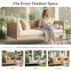 English Elm Topmax Outdoor Acacia Wood Twin Swing Bed with Handwoven Rattan Panels for Porch or Patio Light Teak N717P417844N