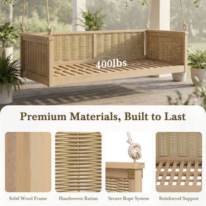 English Elm Topmax Outdoor Acacia Wood Twin Swing Bed with Handwoven Rattan Panels for Porch or Patio Light Teak N717P417844N