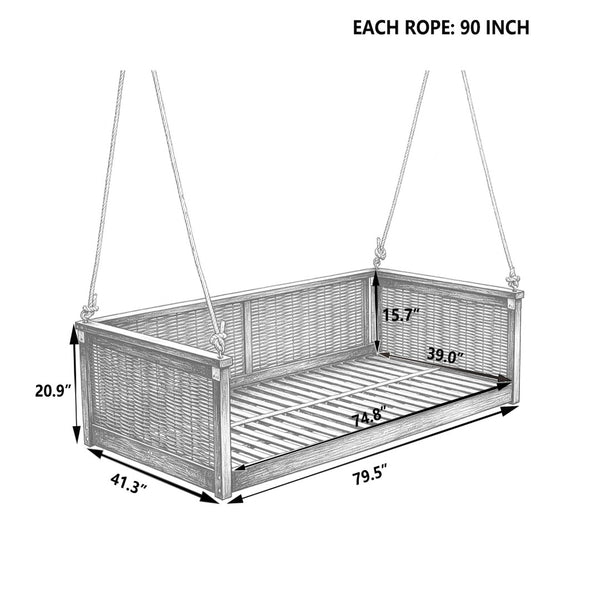 English Elm Topmax Outdoor Acacia Wood Twin Swing Bed with Handwoven Rattan Panels for Porch or Patio Light Teak N717P417844N