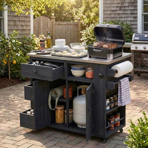 English Elm Topmax Outdoor Fir Wood BBQ Prep Cart Extendable Steel Top with Spice Rack Drawers Black N717P417961B