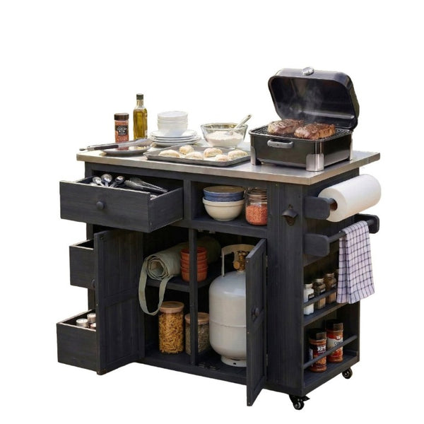 English Elm Topmax Outdoor Fir Wood BBQ Prep Cart Extendable Steel Top with Spice Rack Drawers Black N717P417961B