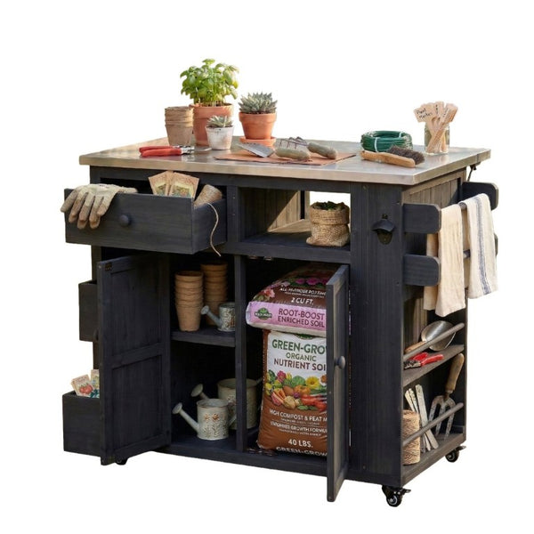 English Elm Topmax Outdoor Fir Wood BBQ Prep Cart Extendable Steel Top with Spice Rack Drawers Black N717P417961B