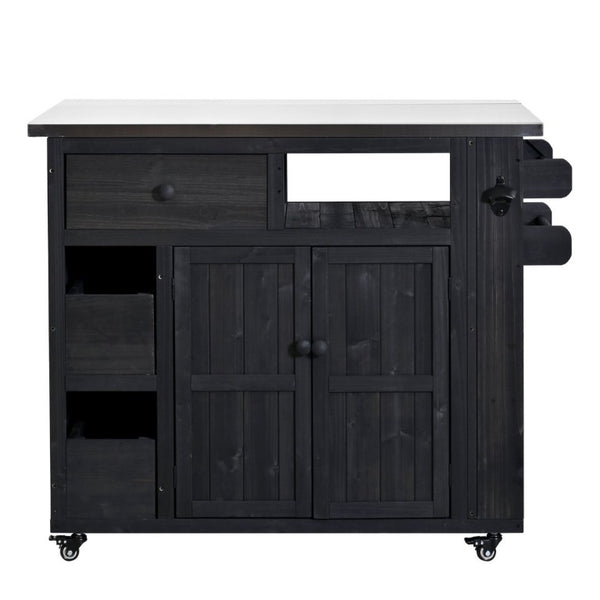 English Elm Topmax Outdoor Fir Wood BBQ Prep Cart Extendable Steel Top with Spice Rack Drawers Black N717P417961B