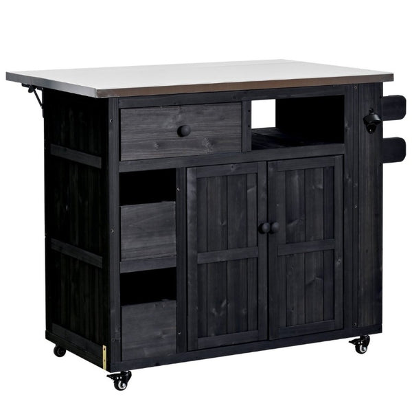 English Elm Topmax Outdoor Fir Wood BBQ Prep Cart Extendable Steel Top with Spice Rack Drawers Black N717P417961B