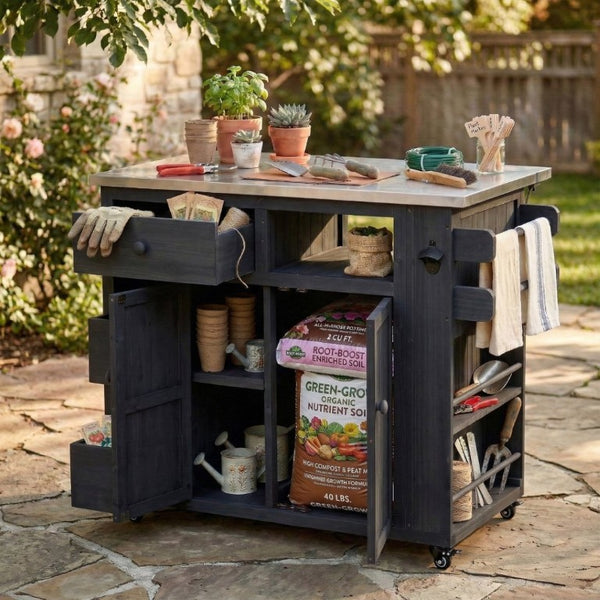 English Elm Topmax Outdoor Fir Wood BBQ Prep Cart Extendable Steel Top with Spice Rack Drawers Black N717P417961B