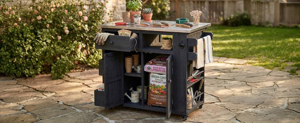 English Elm Topmax Outdoor Fir Wood BBQ Prep Cart Extendable Steel Top with Spice Rack Drawers Black N717P417961B
