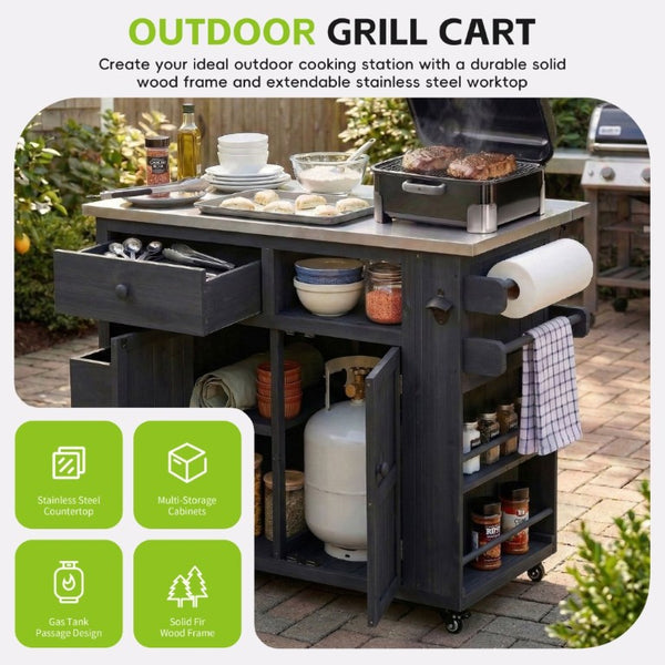 English Elm Topmax Outdoor Fir Wood BBQ Prep Cart Extendable Steel Top with Spice Rack Drawers Black N717P417961B