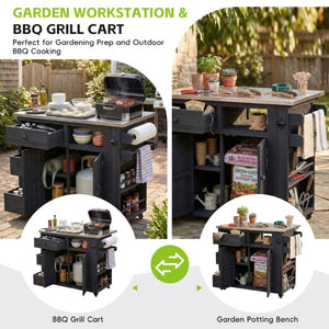 English Elm Topmax Outdoor Fir Wood BBQ Prep Cart Extendable Steel Top with Spice Rack Drawers Black N717P417961B