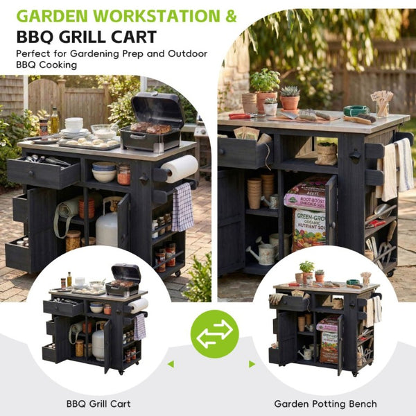 English Elm Topmax Outdoor Fir Wood BBQ Prep Cart Extendable Steel Top with Spice Rack Drawers Black N717P417961B