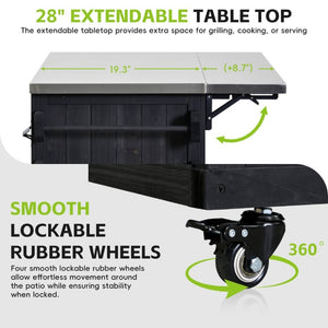 English Elm Topmax Outdoor Fir Wood BBQ Prep Cart Extendable Steel Top with Spice Rack Drawers Black N717P417961B