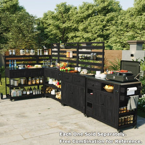 English Elm Topmax Outdoor Fir Wood BBQ Prep Cart Extendable Steel Top with Spice Rack Drawers Black N717P417961B